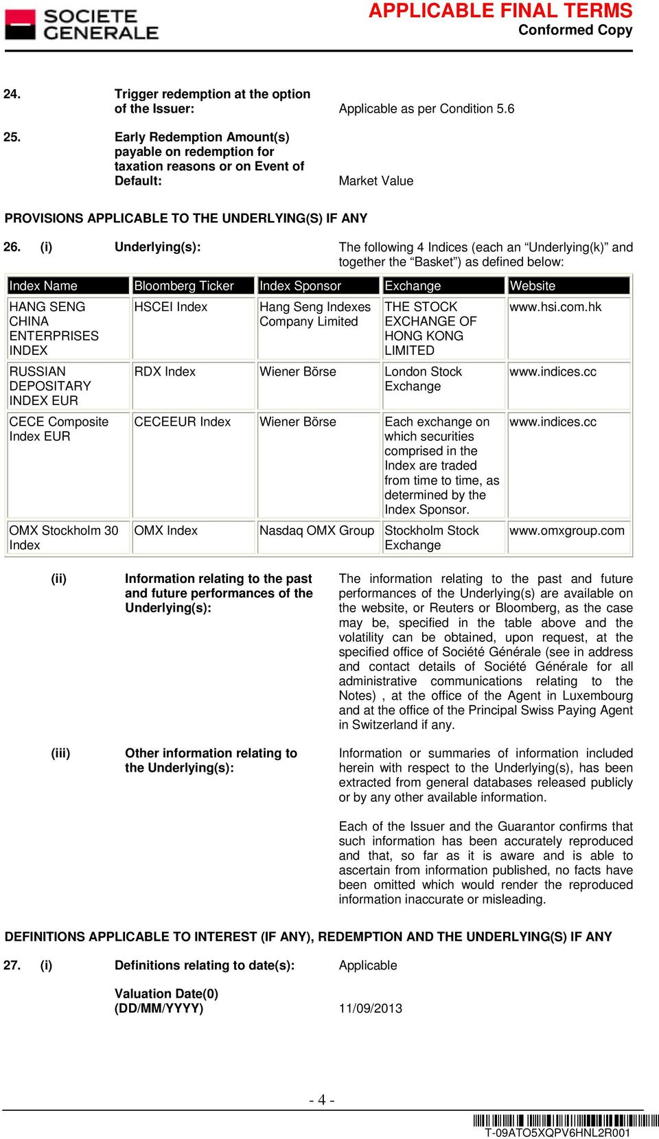 (i) Underlying(s): The following 4 Indices (each an Underlying(k) and together the Basket ) as defined below: Index Name Bloomberg Ticker Index Sponsor Exchange Website HANG SENG CHINA ENTERPRISES