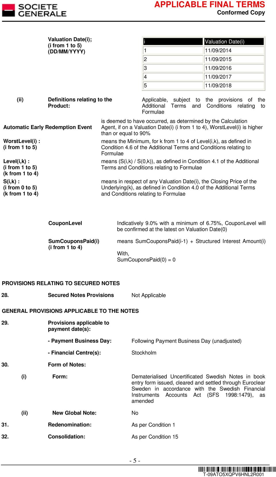 and Conditions relating to Formulae is deemed to have occurred, as determined by the Calculation Agent, if on a Valuation Date(i) (i from 1 to 4), WorstLevel(i) is higher than or equal to 90% means