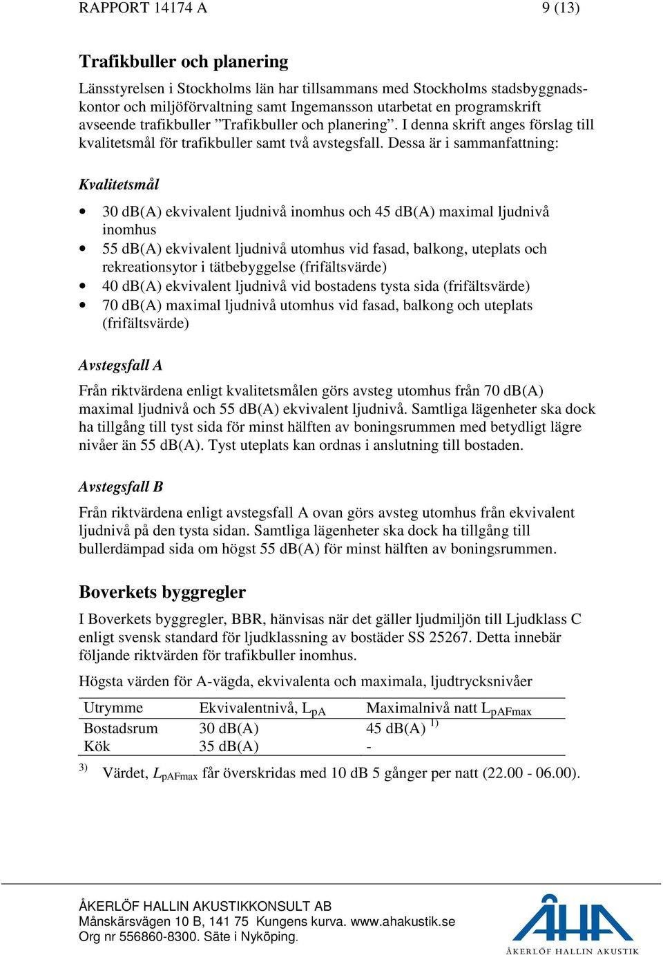 Dessa är i sammanfattning: Kvalitetsmål 30 db(a) ekvivalent ljudnivå inomhus och 45 db(a) maximal ljudnivå inomhus 55 db(a) ekvivalent ljudnivå utomhus vid fasad, balkong, uteplats och