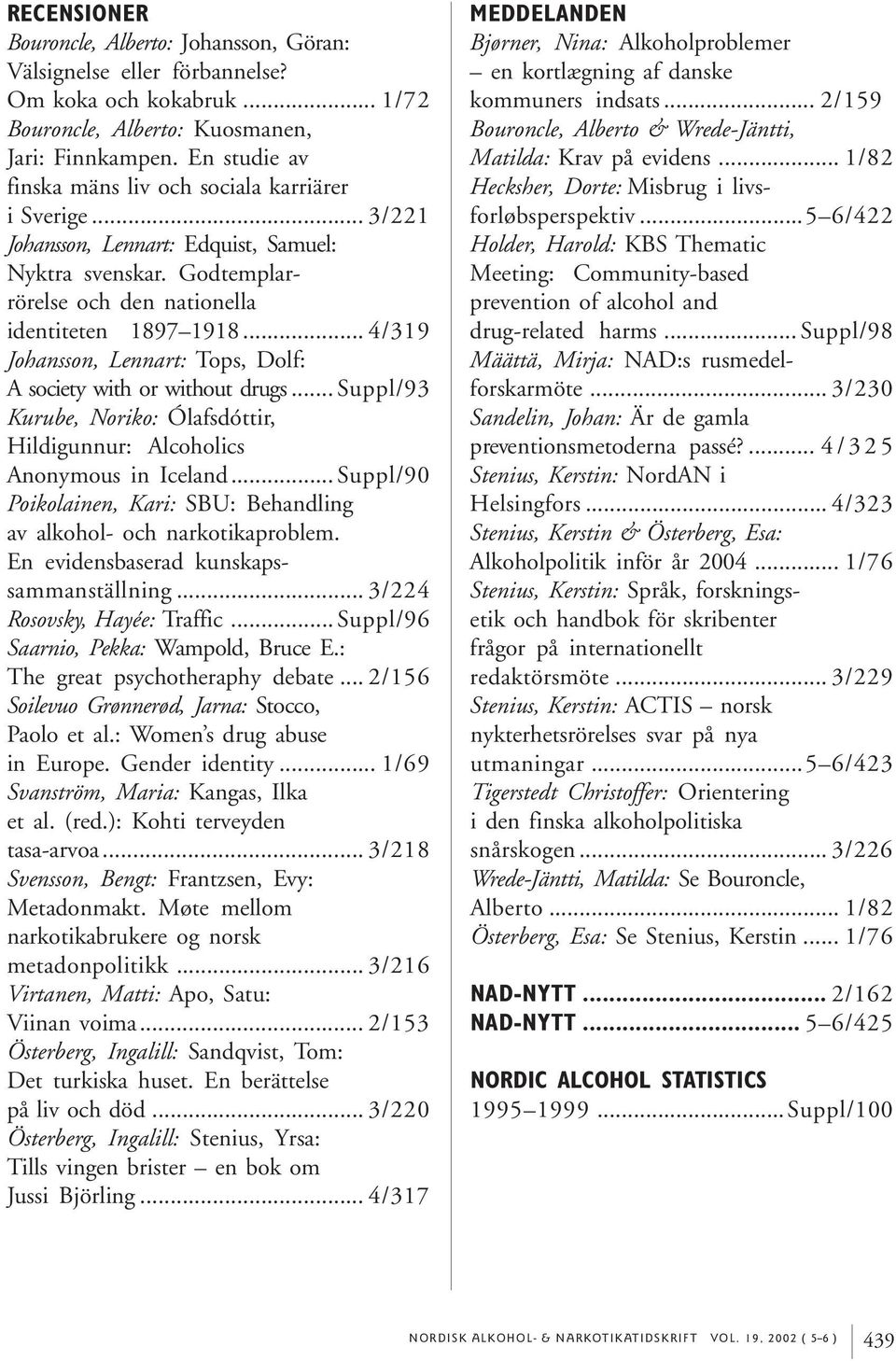 .. 4/319 Johansson, Lennart: Tops, Dolf: A society with or without drugs... Suppl/93 Kurube, Noriko: Ólafsdóttir, Hildigunnur: Alcoholics Anonymous in Iceland.