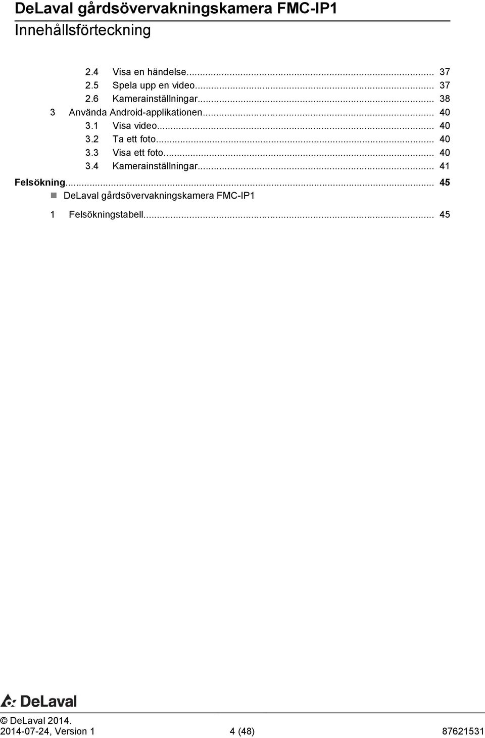 .. 40 3.4 Kamerainställningar... 41 Felsökning.