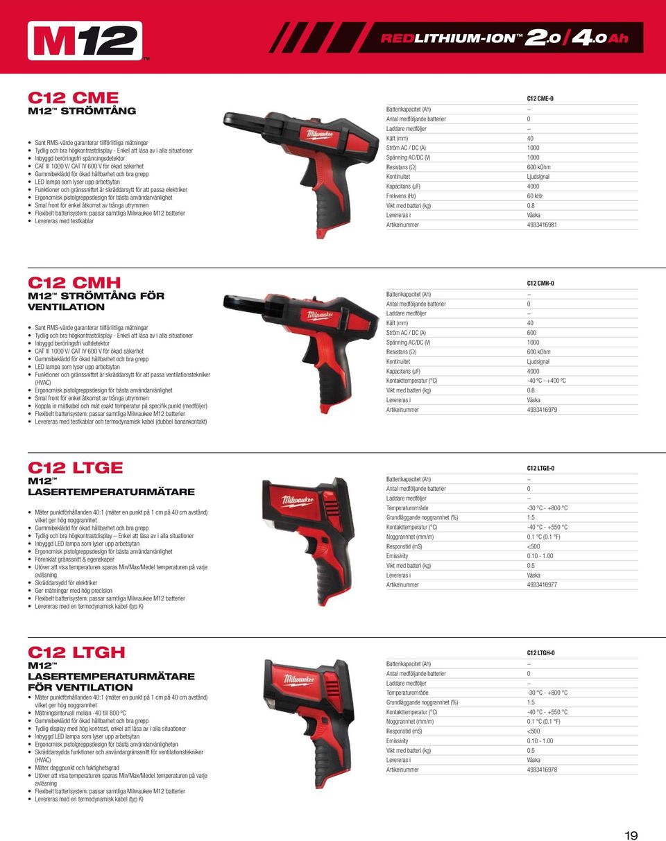 pistolgreppsdesign för bästa användarvänlighet Smal front för enkel åtkomst av trånga utrymmen Flexibelt batterisystem: passar samtliga Milwaukee M12 batterier Levereras med testkablar C12 CME-0