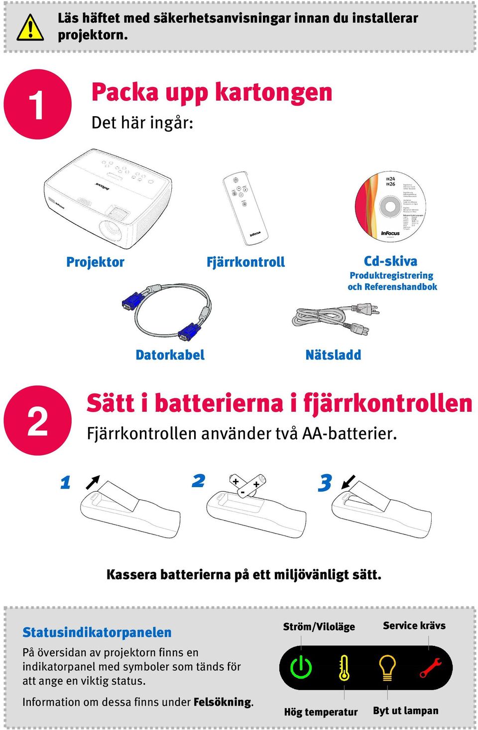 batterierna i fjärrkontrollen Fjärrkontrollen använder två AA-batterier. + + - Kassera batterierna på ett miljövänligt sätt.