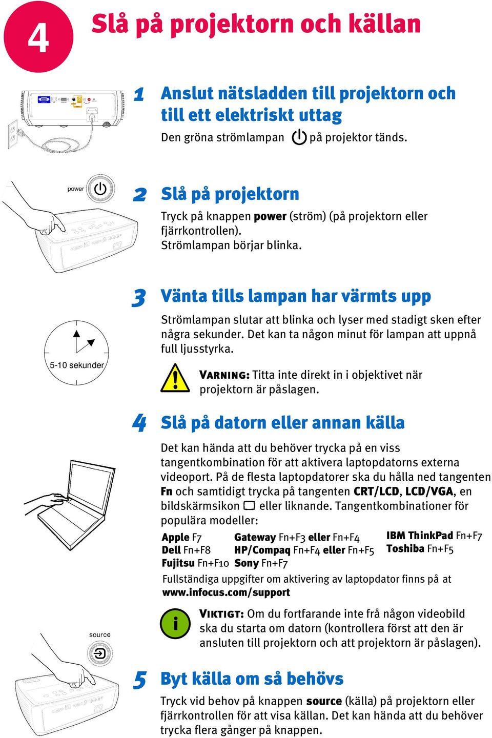 Vänta tills lampan har värmts upp Strömlampan slutar att blinka och lyser med stadigt sken efter några sekunder. Det kan ta någon minut för lampan att uppnå full ljusstyrka.