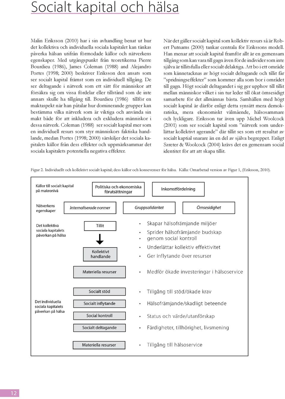 Med utgångspunkt från teoretikerna Pierre Bourdieu (1986), James Coleman (1988) and Alejandro Portes (1998; 2000) beskriver Eriksson den ansats som ser socialt kapital främst som en individuell