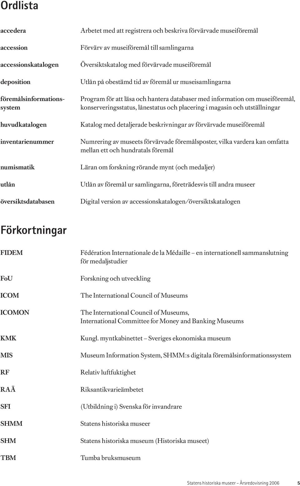 databaser med information om museiföremål, konserveringsstatus, lånestatus och placering i magasin och utställningar Katalog med detaljerade beskrivningar av förvärvade museiföremål Numrering av