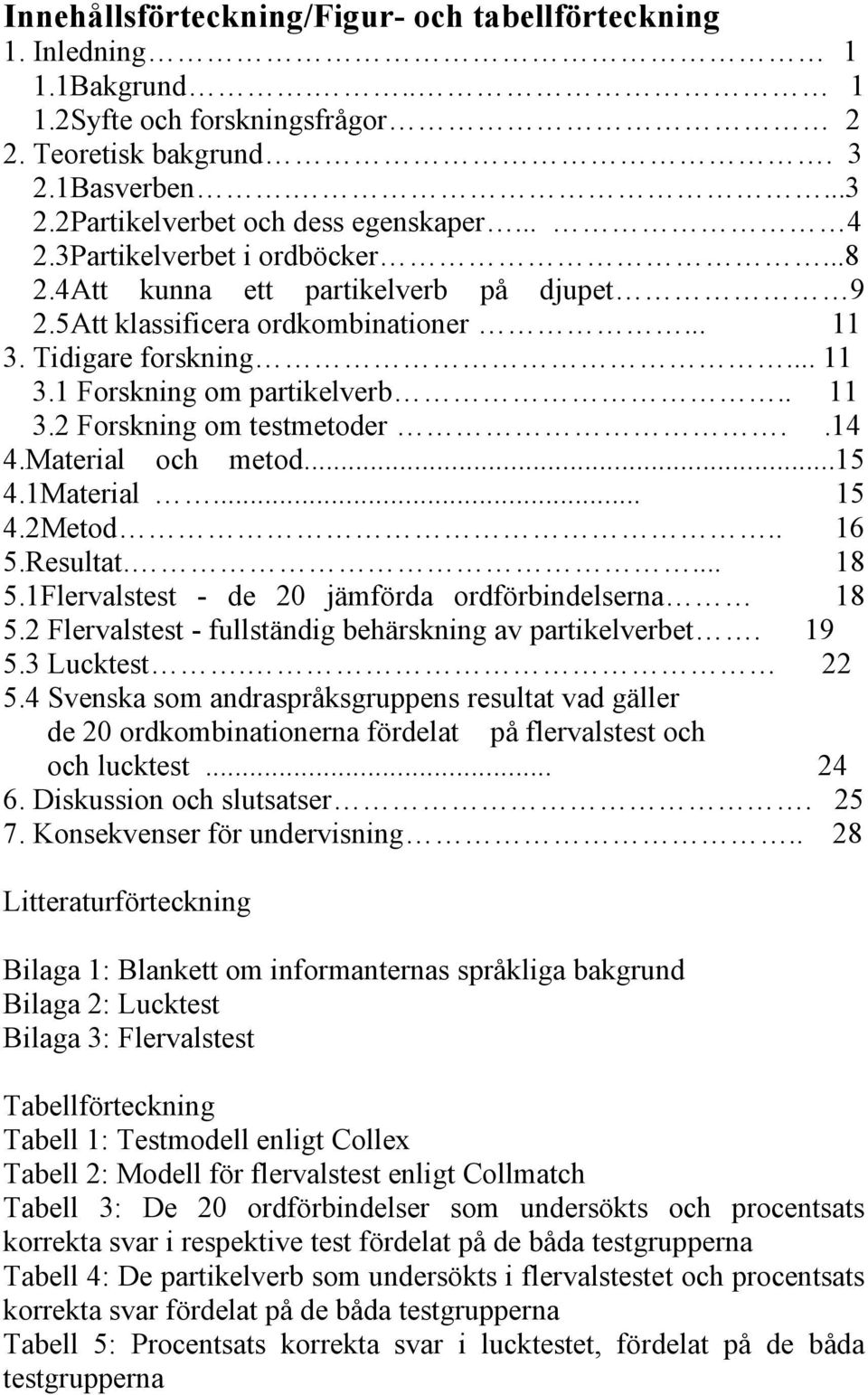 .14 4.Material och metod...15 4.1Material... 15 4.2Metod.. 16 5.Resultat.... 18 5.1Flervalstest - de 20 jämförda ordförbindelserna 18 5.2 Flervalstest - fullständig behärskning av partikelverbet.