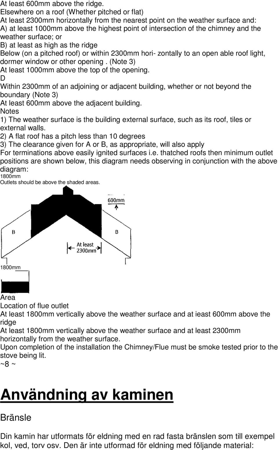 and the weather surface; or B) at least as high as the ridge Below (on a pitched roof) or within 2300mm hori- zontally to an open able roof light, dormer window or other opening.