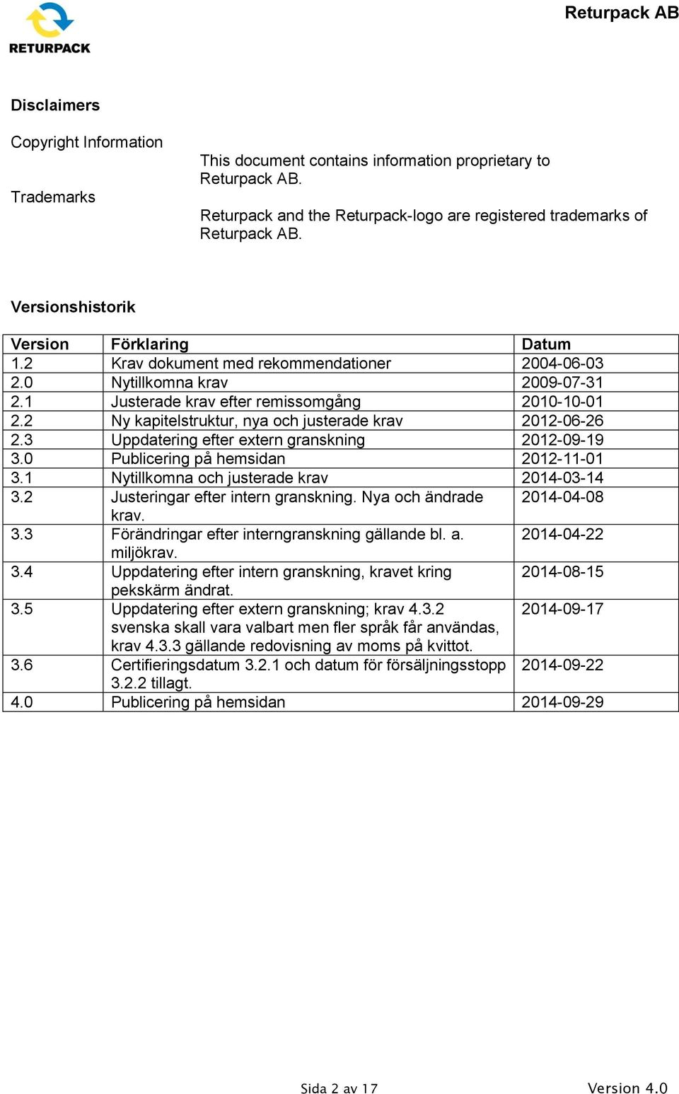 2 Ny kapitelstruktur, nya och justerade krav 2012-06-26 2.3 Uppdatering efter extern granskning 2012-09-19 3.0 Publicering på hemsidan 2012-11-01 3.1 Nytillkomna och justerade krav 2014-03-14 3.