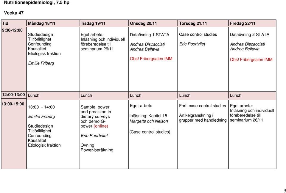 Fribergsalen IMM 13:00-14:00 Emilie Friberg Studiedesign Tillförlitlighet Confounding Kausalitet Etiologisk fraktion Sample, power and precision in dietary surveys och demo G-