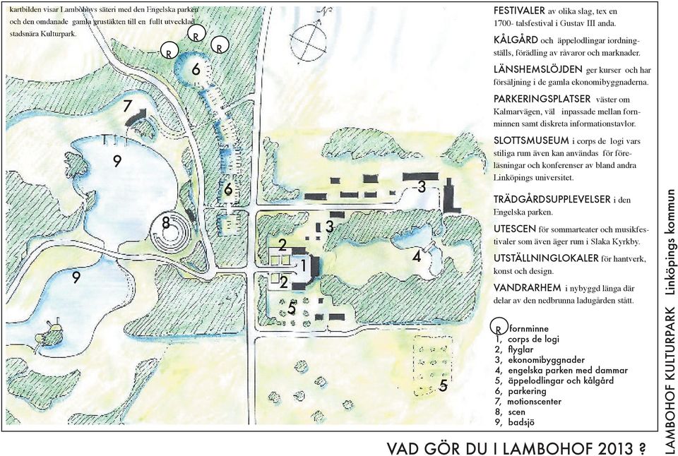 LÄNSHEMSLÖJDEN ger kurser och har försäljning i de gamla ekonomibyggnaderna. 7 PARKERINGSPLATSER väster om Kalmarvägen, väl inpassade mellan forn- minnen samt diskreta informationstavlor.