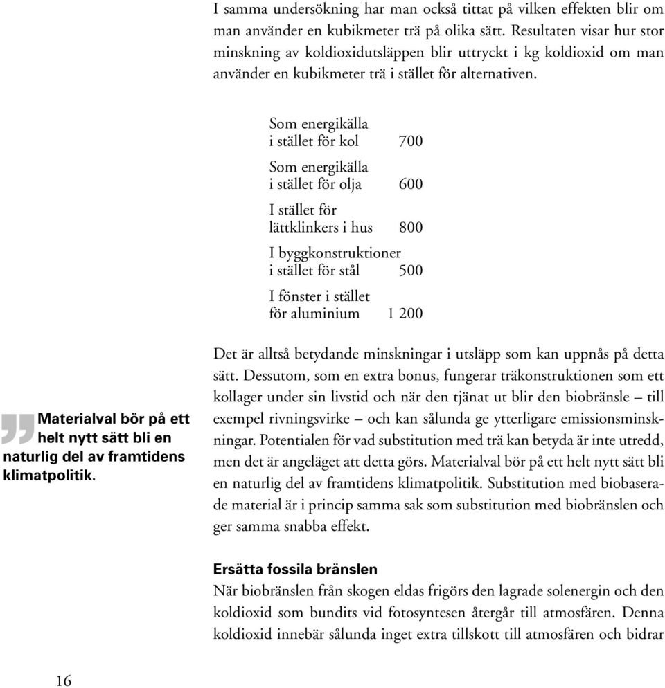 Som energikälla i stället för kol 700 Som energikälla i stället för olja 600 I stället för lättklinkers i hus 800 I byggkonstruktioner i stället för stål 500 I fönster i stället för aluminium 1 200