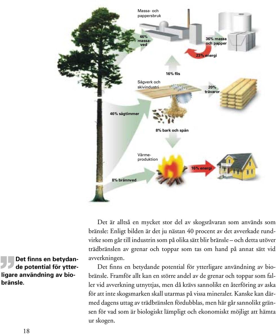18 Det är alltså en mycket stor del av skogsråvaran som används som bränsle: Enligt bilden är det ju nästan 40 procent av det avverkade rundvirke som går till industrin som på olika sätt blir bränsle