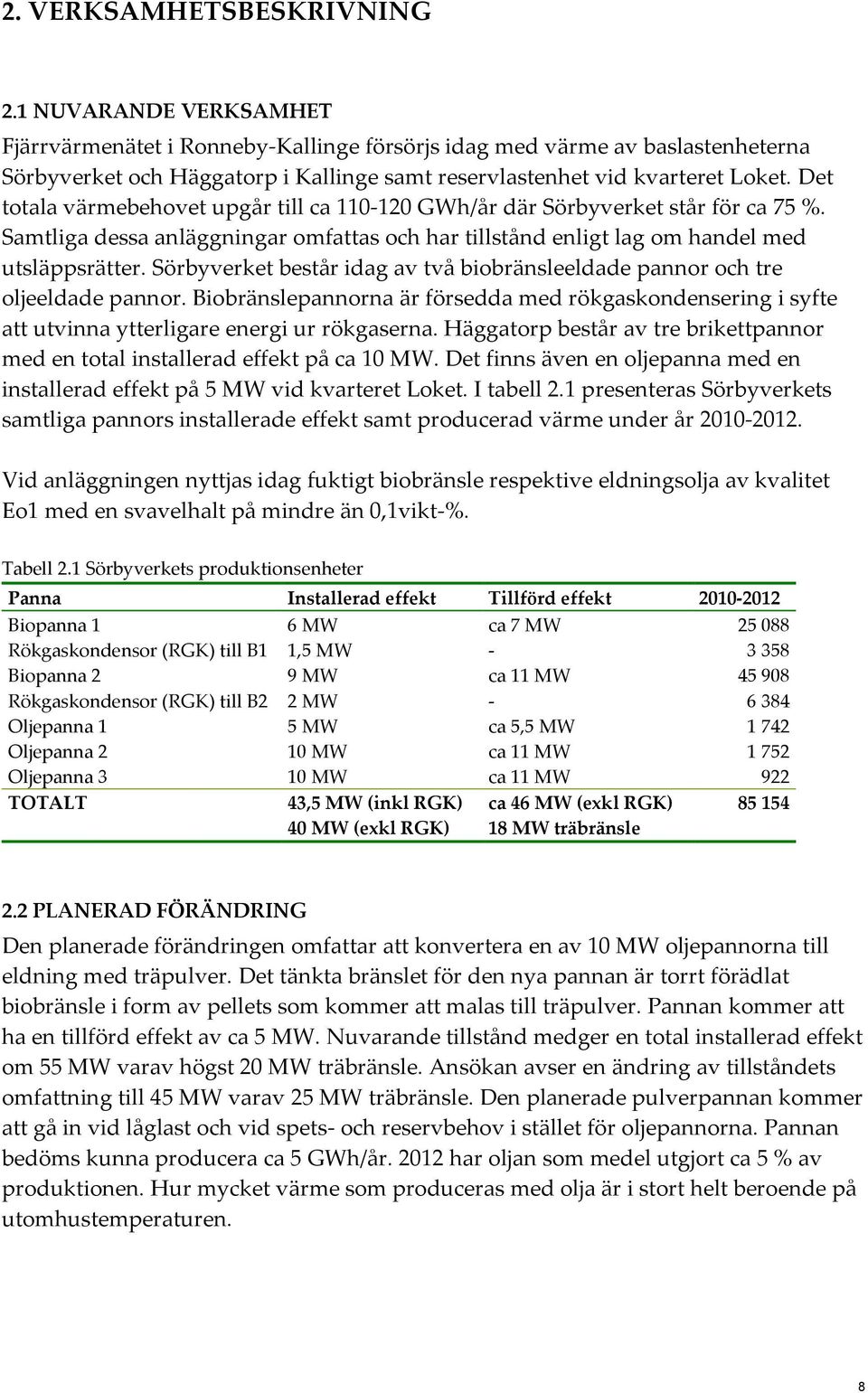 Det totala värmebehovet upgår till ca 110-120 GWh/år där Sörbyverket står för ca 75 %. Samtliga dessa anläggningar omfattas och har tillstånd enligt lag om handel med utsläppsrätter.