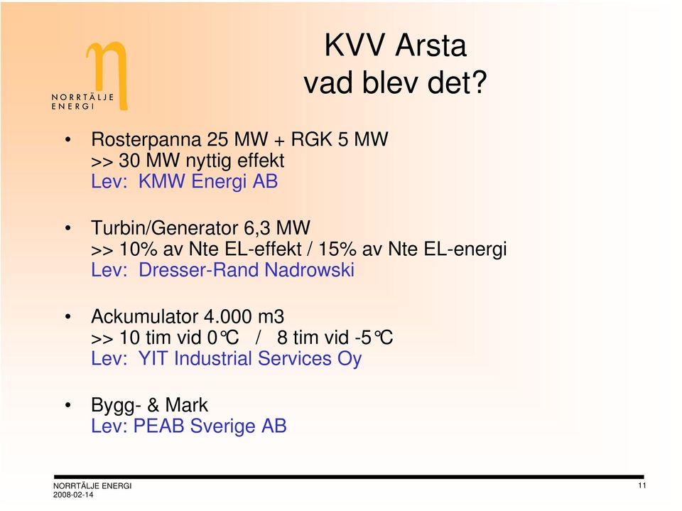 Turbin/Generator 6,3 MW >> 10% av Nte EL-effekt / 15% av Nte EL-energi Lev: