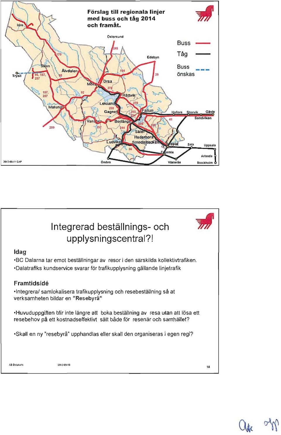 Dalatrafiks kundservice svarar för trafikupplysn ing gällande linjetrafik Framtidside Integreral samlokalisera trafikupplysning och resebeställning så at verksamheten