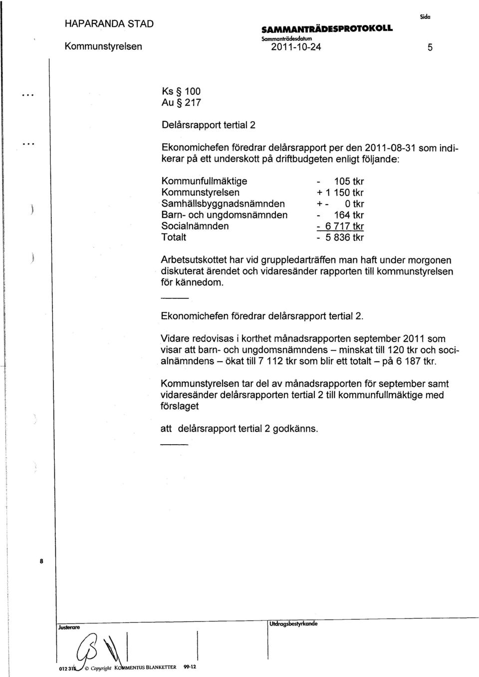 gruppledarträffen man haft under morgonen dikuterat ärendet och vidareänder rapporten till kommuntyrelen för kännedom. Ekonomichefen föredrar delårrapport tertial 2.