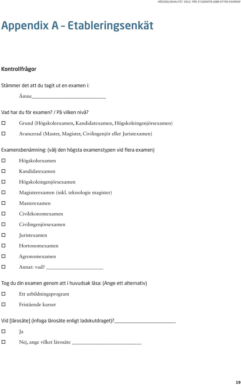 examen) Högskleexamen Kandidatexamen Högskleingenjörsexamen Magisterexamen (inkl.