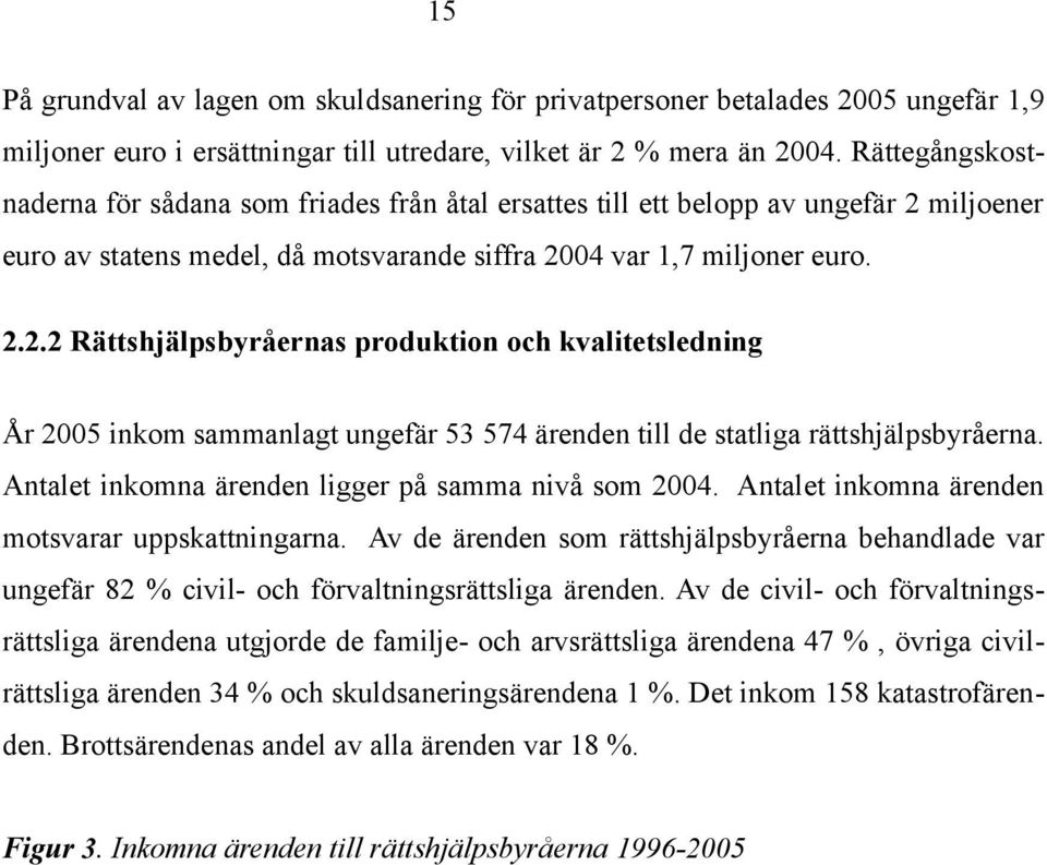 miljoener euro av statens medel, då motsvarande siffra 2004 var 1,7 miljoner euro. 2.2.2 Rättshjälpsbyråernas produktion och kvalitetsledning År 2005 inkom sammanlagt ungefär 53 574 ärenden till de statliga rättshjälpsbyråerna.