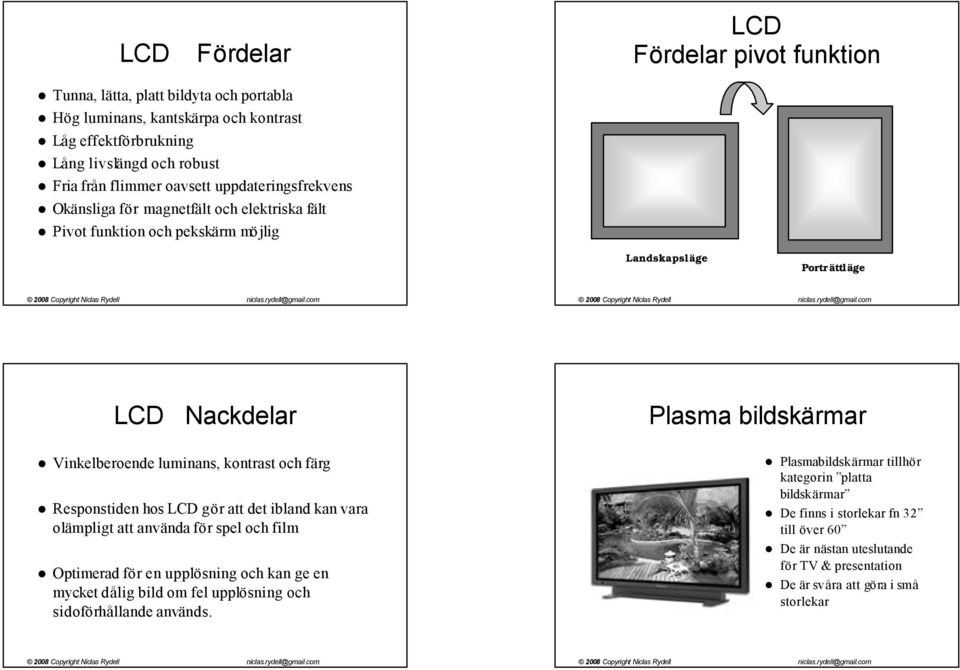 Responstiden hos LCD gör att det ibland kan vara olämpligt att använda för spel och film Optimerad för en upplösning och kan ge en mycket dålig bild om fel upplösning och sidoförhållande