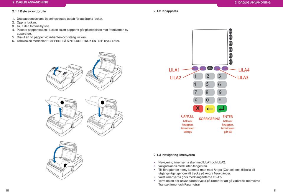 Terminalen meddelar: PAPPRET PÅ SIN PLATS TRYCK ENTER Tryck Enter. 2.1.3 Navigering i menyerna Navigering i menyerna sker med LILA1 och LILA2. Val godkänns med Enter-tangenten.