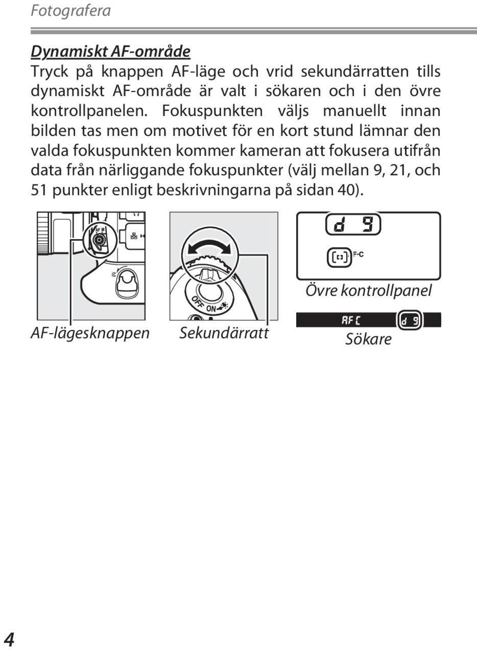 Fokuspunkten väljs manuellt innan bilden tas men om motivet för en kort stund lämnar den valda fokuspunkten kommer