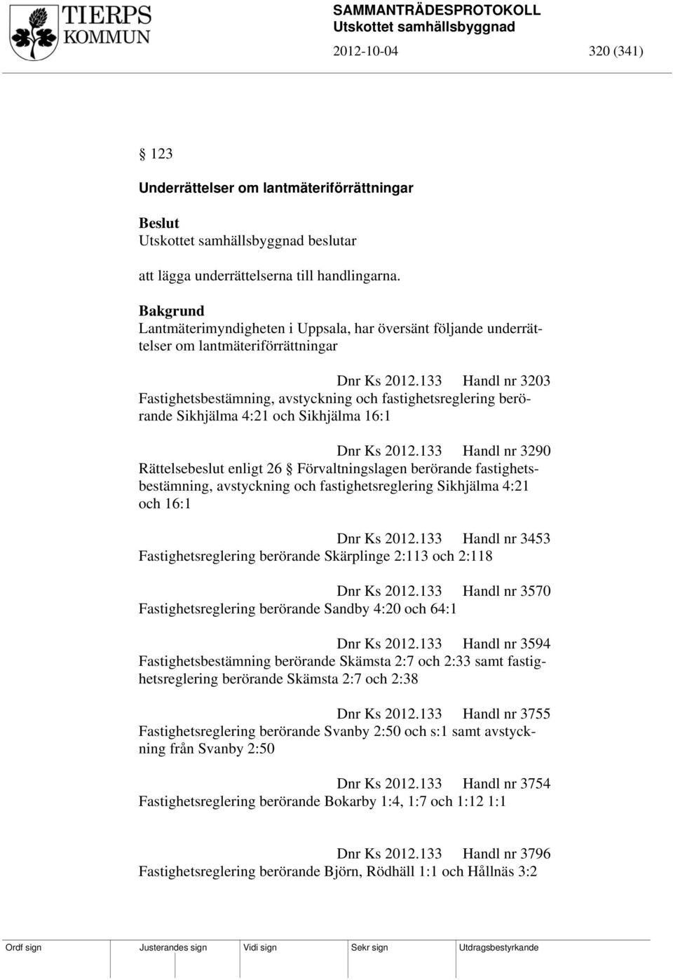 133 Handl nr 3203 Fastighetsbestämning, avstyckning och fastighetsreglering berörande Sikhjälma 4:21 och Sikhjälma 16:1 Dnr Ks 2012.