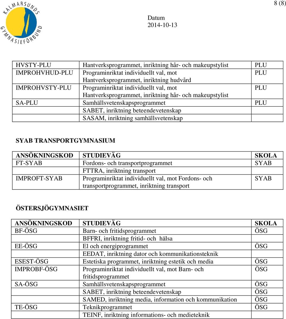 transportprogrammet SYAB FTTRA, inriktning transport IMPROFT-SYAB Programinriktat individuellt val, mot Fordons- och transportprogrammet, inriktning transport SYAB ÖSTERSJÖGYMNASIET BF-ÖSG Barn- och