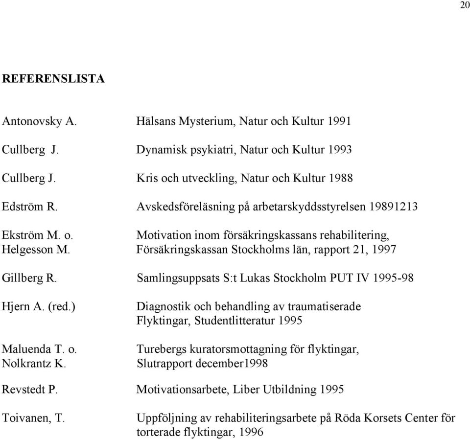 Samlingsuppsats S:t Lukas Stockholm PUT IV 1995-98 Hjern A. (red.) Maluenda T. o. Nolkrantz K.