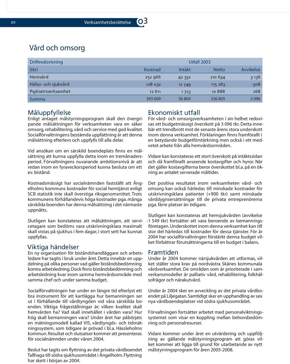 omsorg, rehabilitering, vård och service med god kvalitet. Socialförvaltningens bestämda uppfattning är att denna målsättning efterlevs och uppfylls till alla delar.