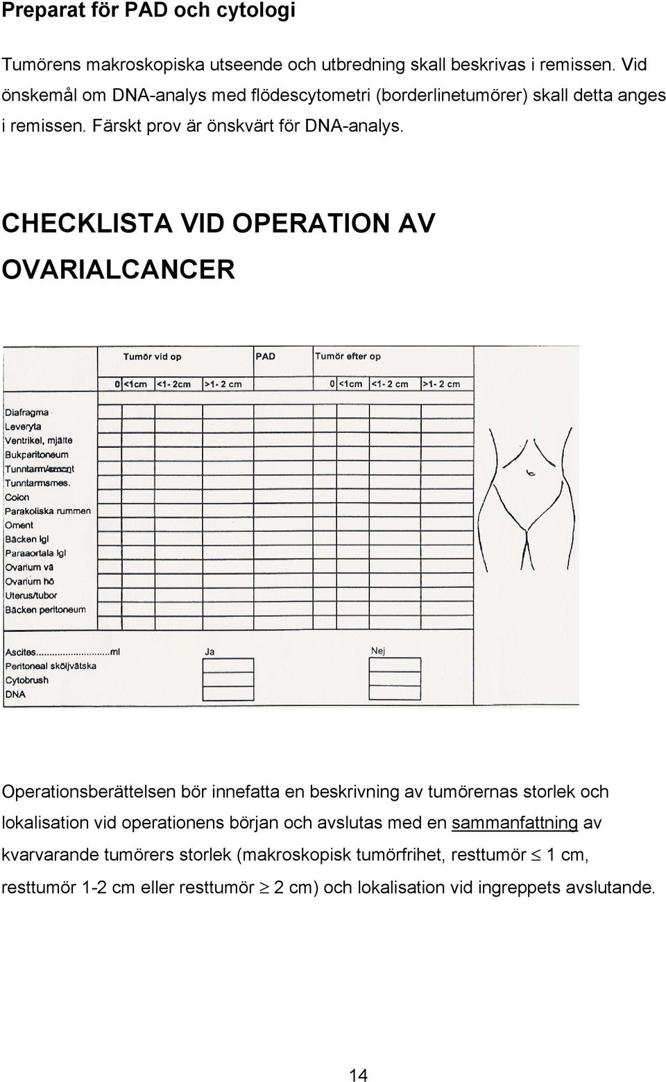 CHECKLISTA VID OPERATION AV OVARIALCANCER Operationsberättelsen bör innefatta en beskrivning av tumörernas storlek och lokalisation vid operationens