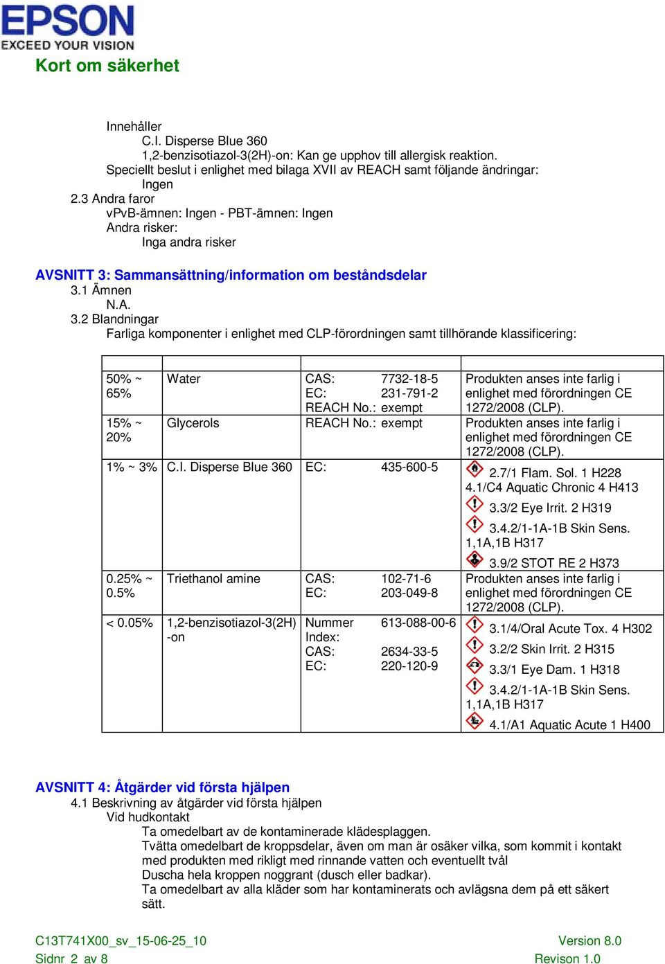 2 Blandningar Farliga komponenter i enlighet med CLP-förordningen samt tillhörande klassificering: 50% ~ 65% Water CAS: 7732-18-5 EC: 231-791-2 REACH No.