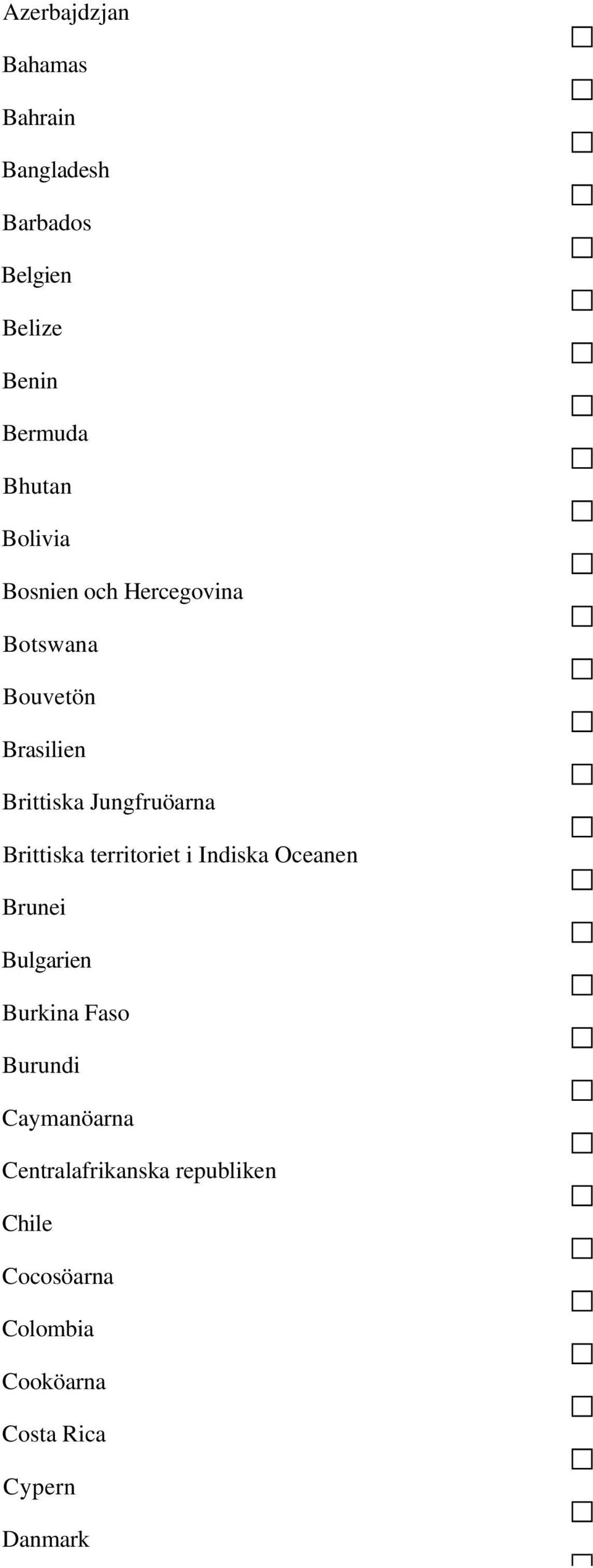 Brittiska territoriet i Indiska Oceanen Brunei Bulgarien Burkina Faso Burundi