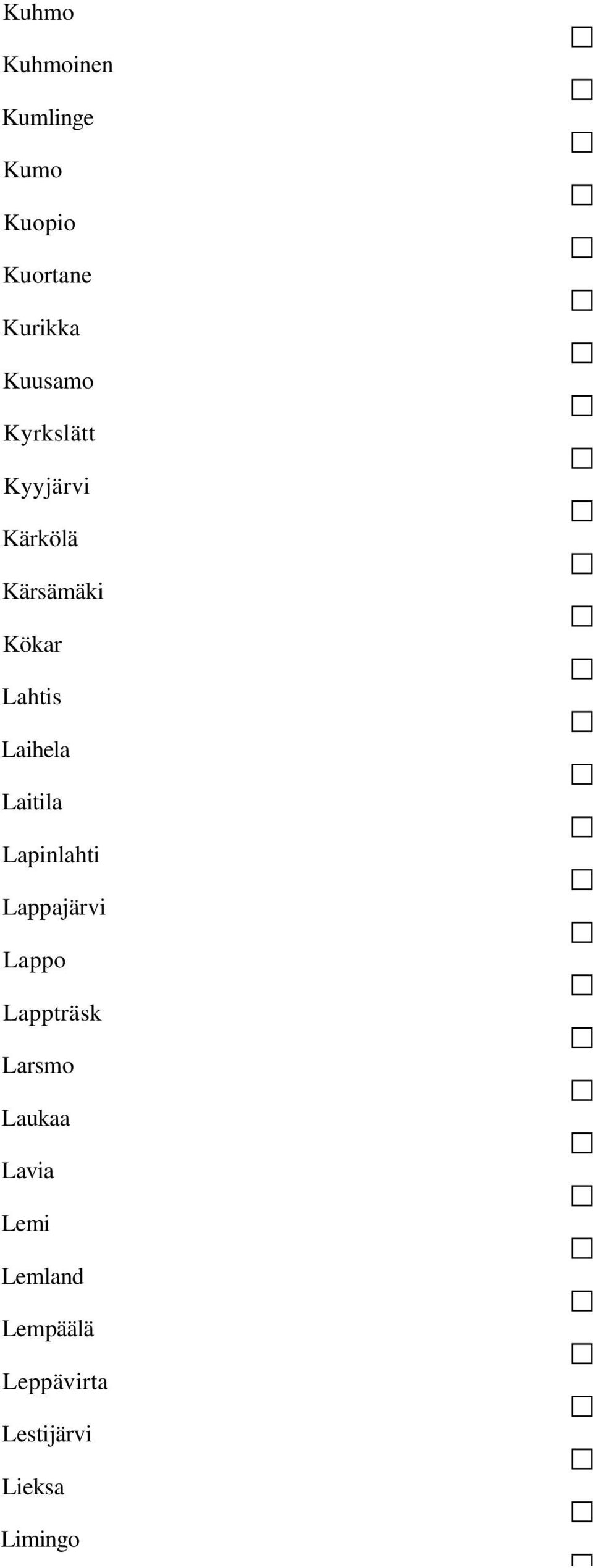 Laihela Laitila Lapinlahti Lappajärvi Lappo Lappträsk Larsmo