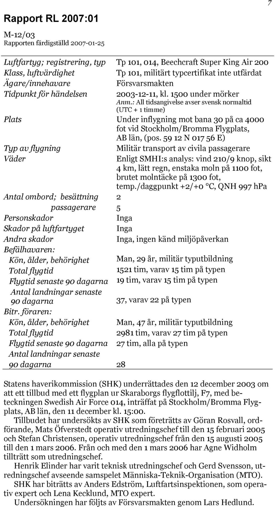 : All tidsangivelse avser svensk normaltid (UTC + 1 timme) Plats Under inflygning mot bana 30 på ca 4000 fot vid Stockholm/Bromma Flygplats, AB län, (pos.