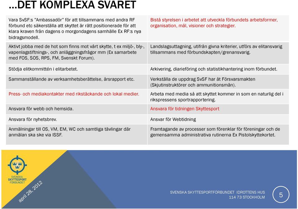 Stödja elitkommittén i elitarbetet. Sammanställande av verksamhetsberättelse, årsrapport etc. Press- och mediakontakter med rikstäckande och lokal medier. Ansvara för webb och hemsida.