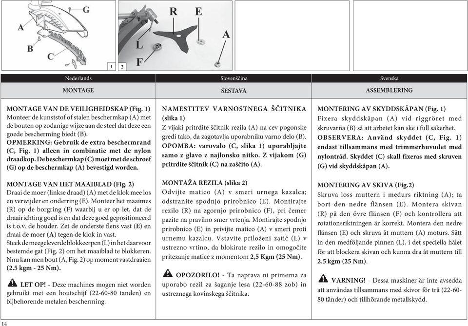 1) alleen in combinatie met de nylon draadkop. De beschermkap (C) moet met de schroef (G) op de beschermkap (A) bevestigd worden. MONTAGE VAN HET MAAIBLAD (Fig.