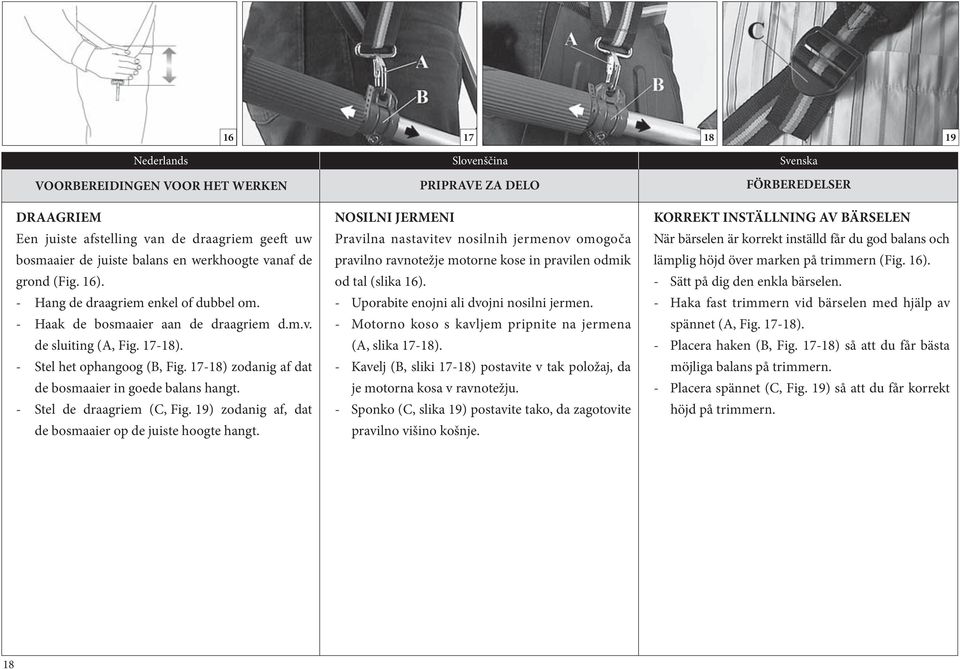 - Stel de draagriem (C, Fig. 19) zodanig af, dat de bosmaaier op de juiste hoogte hangt.