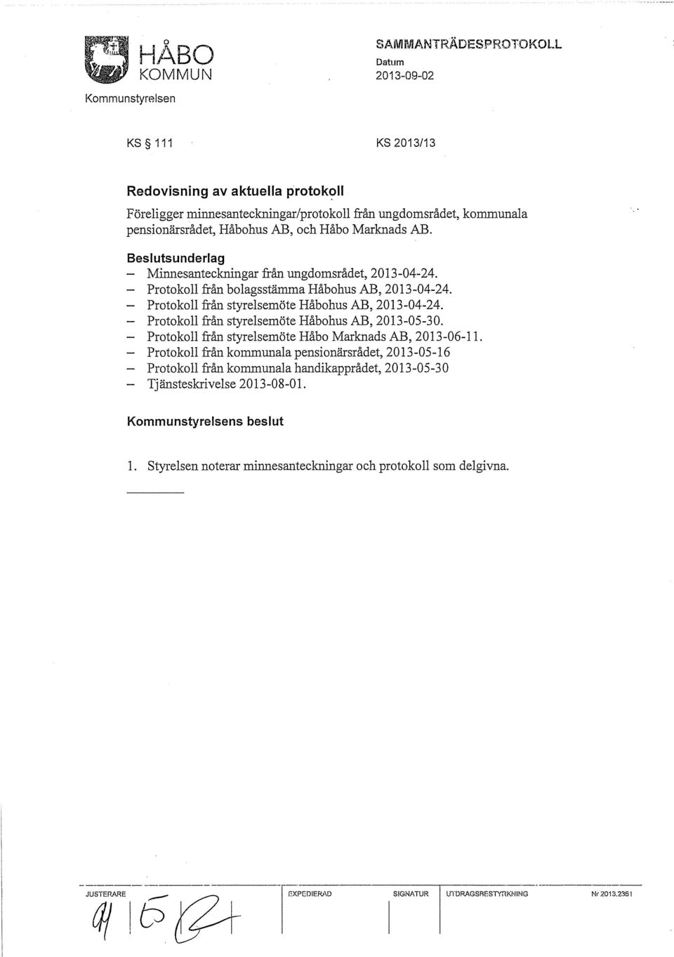 Minnesanteckningar från ungdomsrådet, 2013-04-24. Protokoll från bolagsstämma Håbohus AB, 2013-04-24. Protokoll från styrelsemöte Håbohus AB, 2013-04-24.