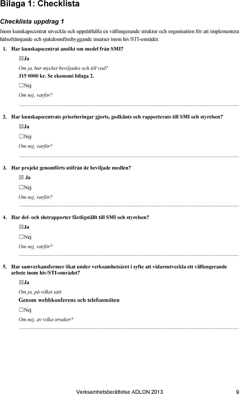 2. Har kunskapscentrats prioriteringar gjorts, godkänts och rapporterats till SMI och styrelsen? 3. Har projekt genomförts utifrån de beviljade medlen? Ja 4.