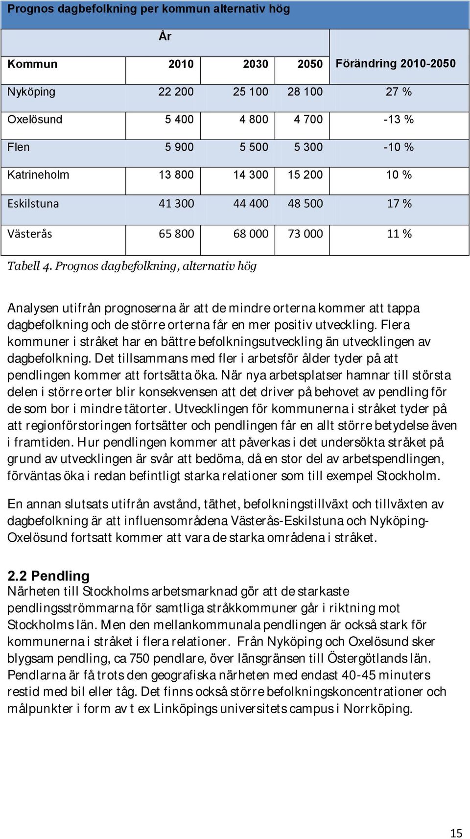 Prognos dagbefolkning, alternativ hög Analysen utifrån prognoserna är att de mindre orterna kommer att tappa dagbefolkning och de större orterna får en mer positiv utveckling.