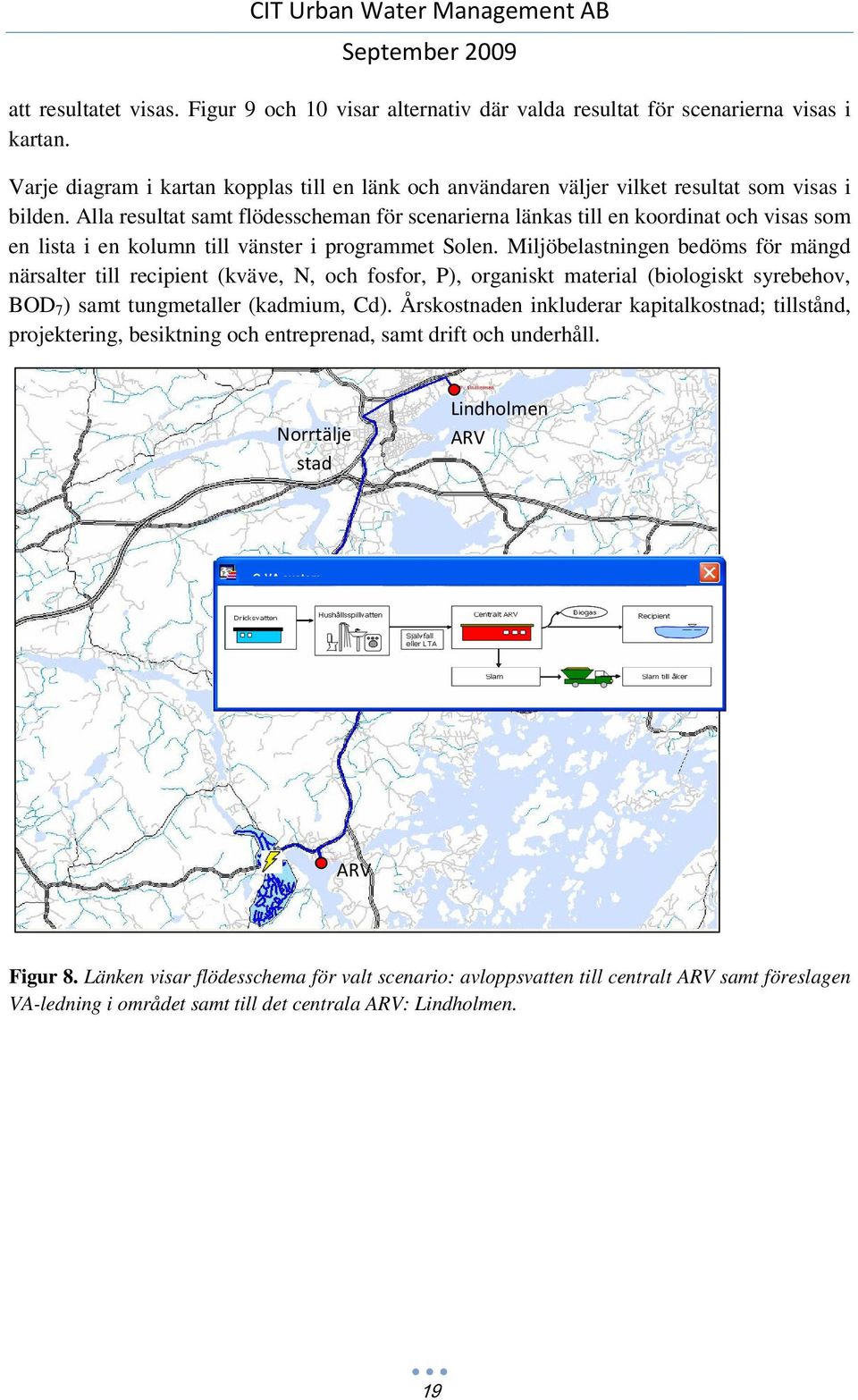 Alla resultat samt flödesscheman för scenarierna länkas till en koordinat och visas som en lista i en kolumn till vänster i programmet Solen.