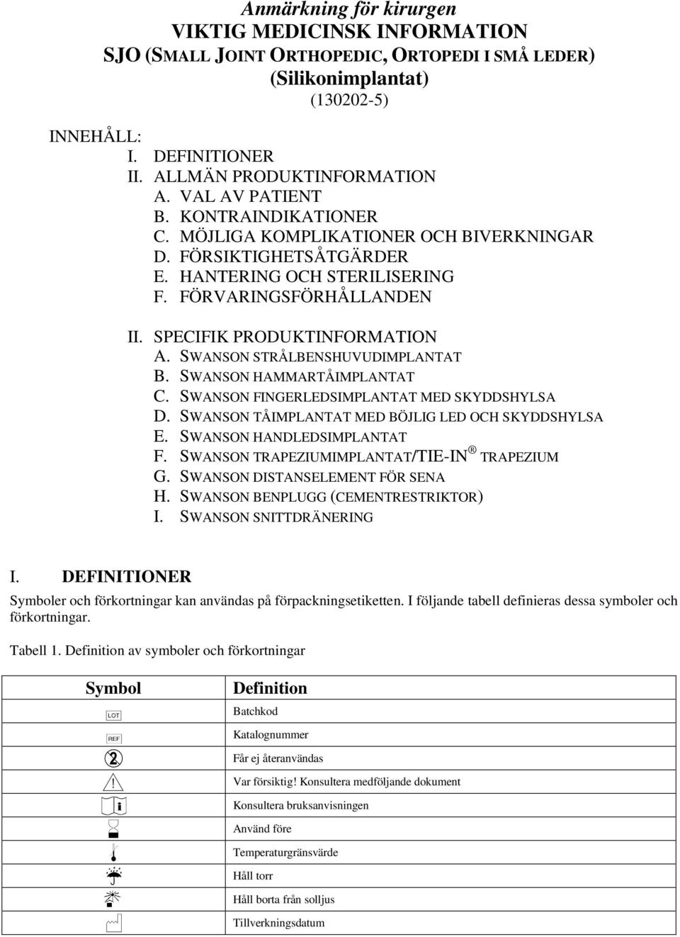 SWANSON STRÅLBENSHUVUDIMPLANTAT B. SWANSON HAMMARTÅIMPLANTAT C. SWANSON FINGERLEDSIMPLANTAT MED SKYDDSHYLSA D. SWANSON TÅIMPLANTAT MED BÖJLIG LED OCH SKYDDSHYLSA E. SWANSON HANDLEDSIMPLANTAT F.