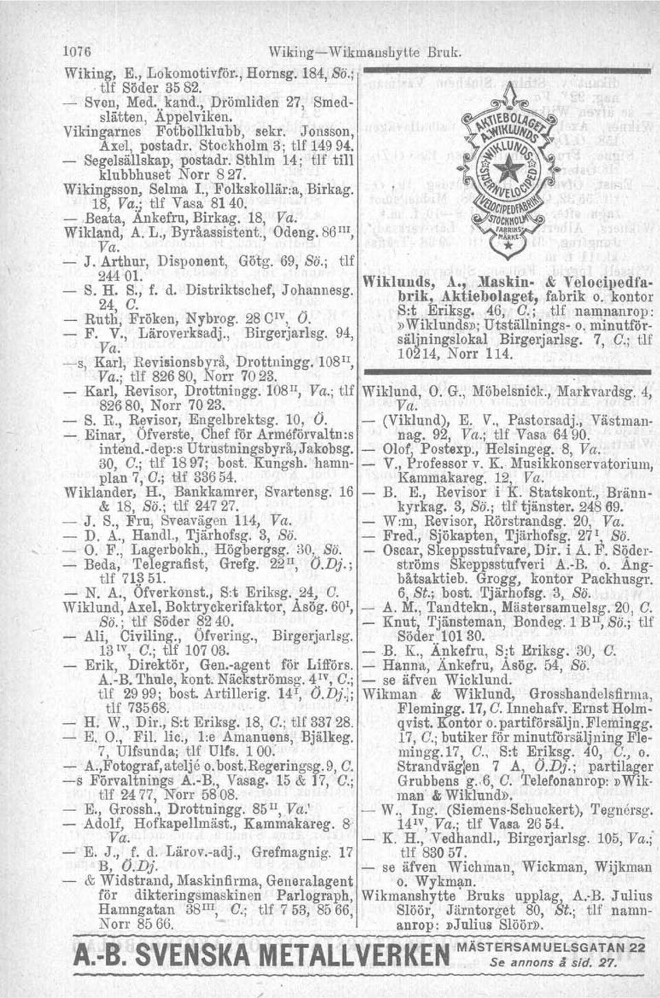 18, Va.' tlf Vasa 8140. -.Beata, Ållkefru, Birkag.18, Va. Wikland" A. L., Byråassistent., Odeng, 86 II), Va. ' '.. '~ J.Arthur, Disponent, Götg. 6f1,Sö.; tlf 24401:.. Wiklunds, A.