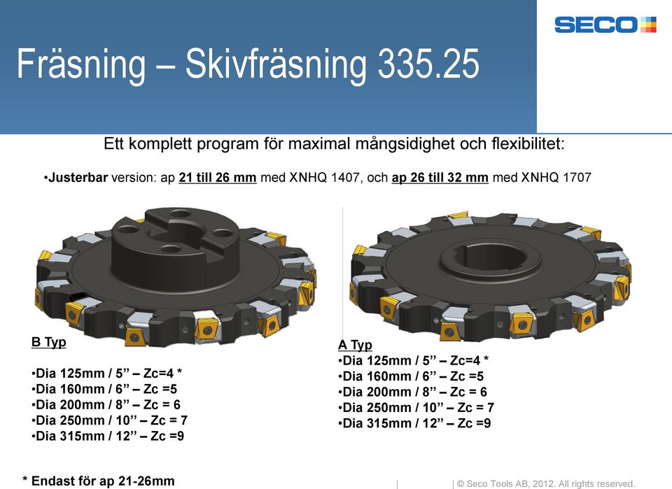 =5 Dia 200mm / 8 Zc = 6 Dia 250mm / 10 Zc = 7 Dia 315mm / 12 Zc =9 A Typ Dia 125mm / 5 Zc=4 * Dia