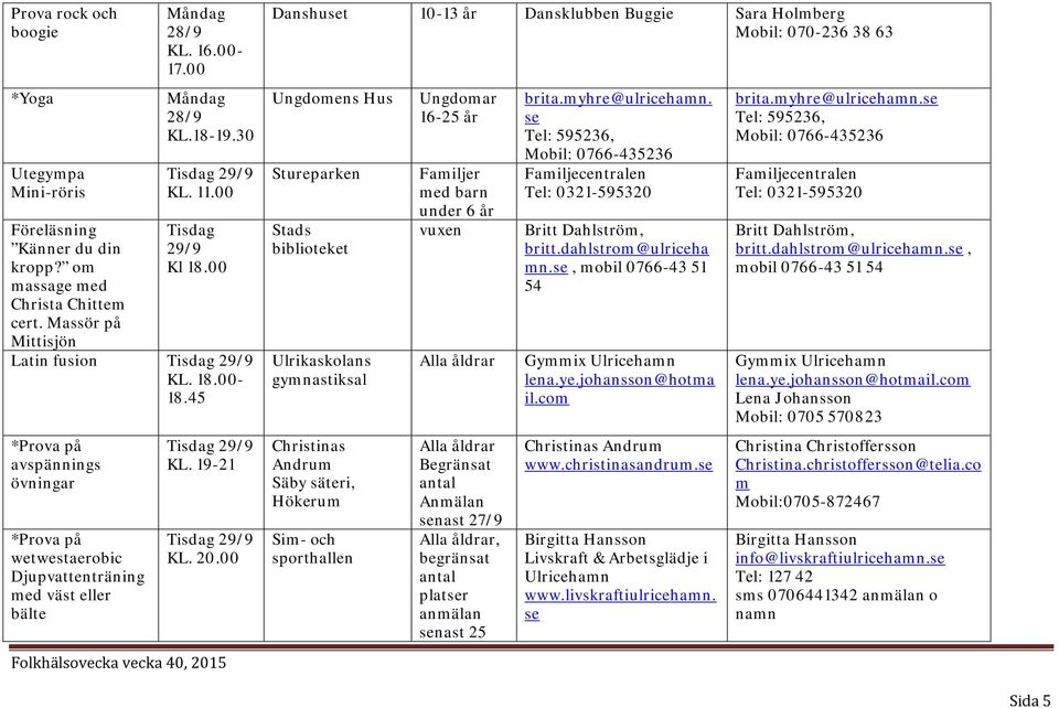 Danshuset 10-13 år Dansklubben Buggie Sara Holmberg Mobil: 070-236 38 63 Ungdomens Hus Stureparken Stads biblioteket Ulrikaskolans gymnastiksal Christinas Andrum Säby säteri, Hökerum Sim- och