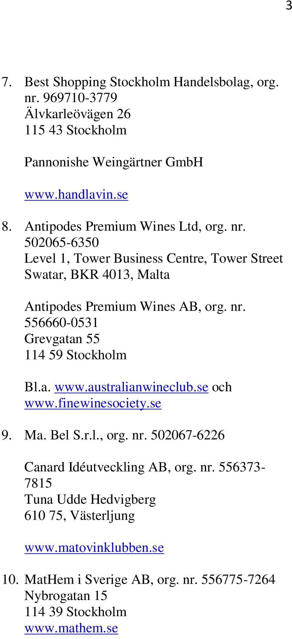 a. www.australianwineclub.se och www.finewinesociety.se 9. Ma. Bel S.r.l., org. nr. 502067-6226 Canard Idéutveckling AB, org. nr. 556373-7815 Tuna Udde Hedvigberg 610 75, Västerljung www.