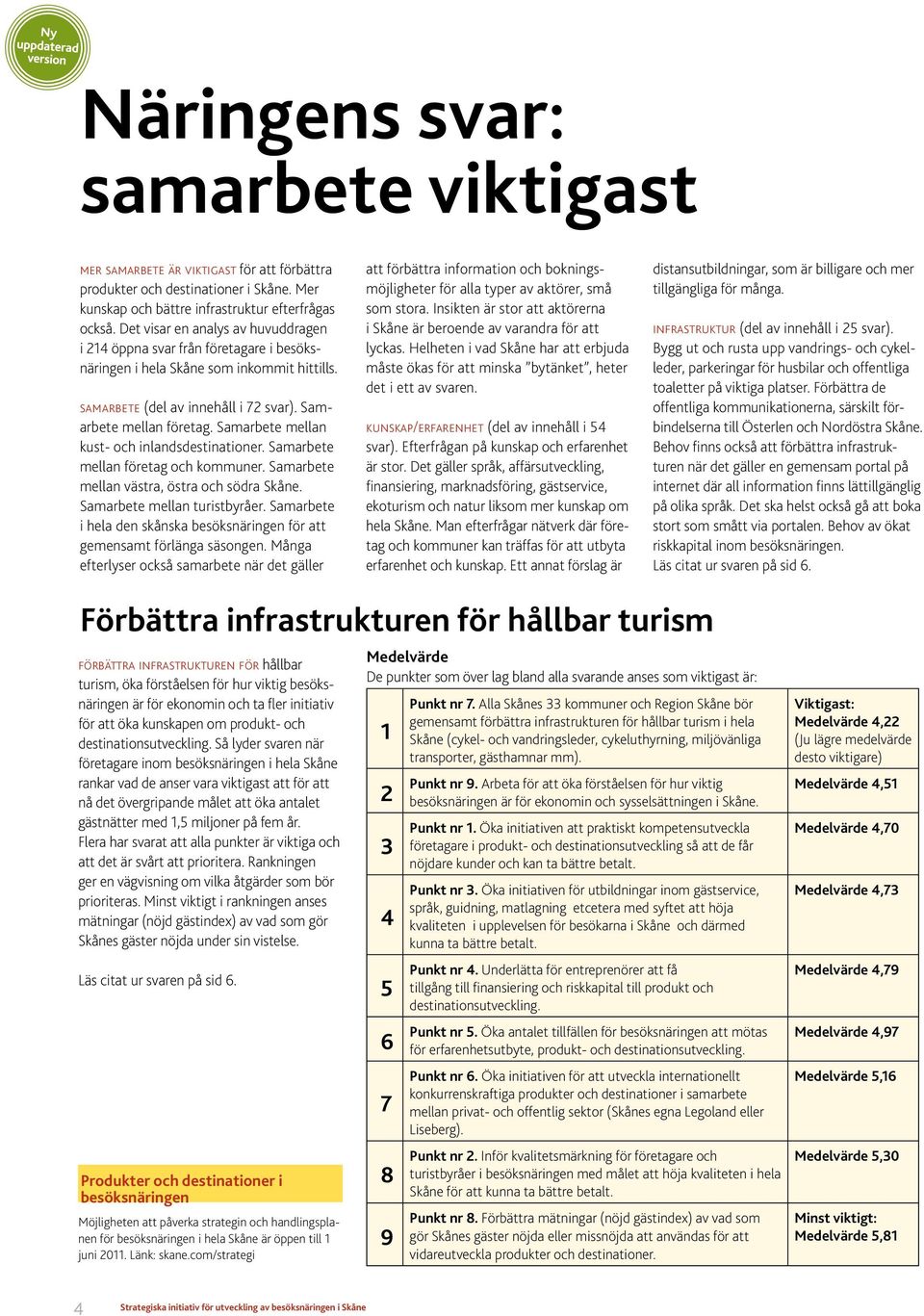 Samarbete mellan kust- och inlandsdestinationer. Samarbete mellan företag och kommuner. Samarbete mellan västra, östra och södra Skåne. Samarbete mellan turistbyråer.