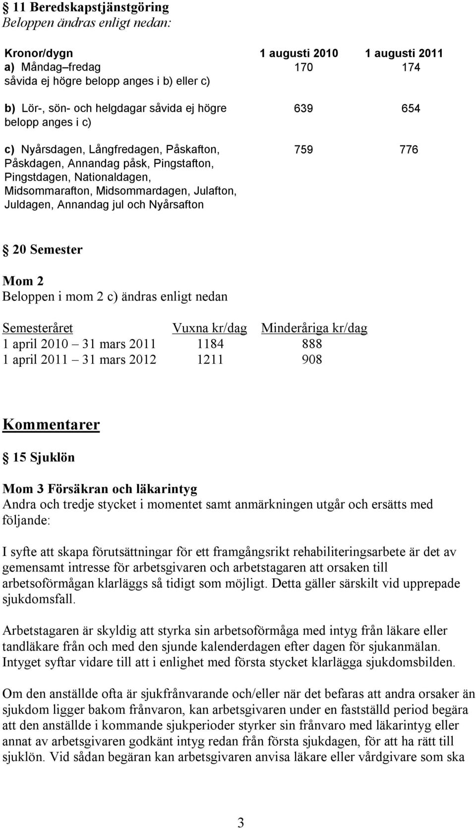 Annandag jul och Nyårsafton 639 654 759 776 20 Semester Mom 2 Beloppen i mom 2 c) ändras enligt nedan Semesteråret Vuxna kr/dag Minderåriga kr/dag 1 april 2010 31 mars 2011 1184 888 1 april 2011 31