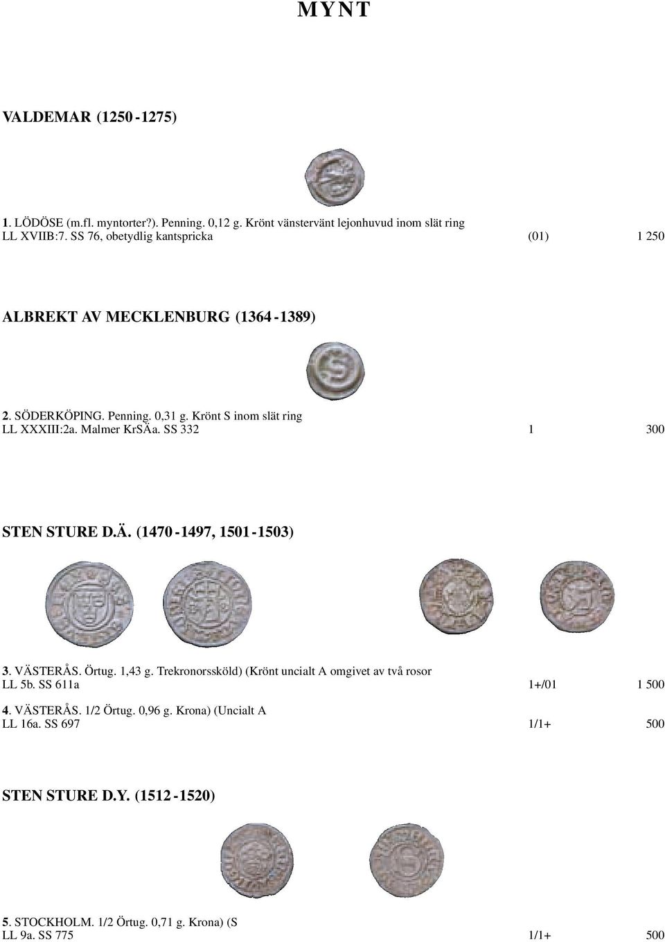 Malmer KrSÄa. SS 332 1 300 STEN STURE D.Ä. (1470-1497, 1501-1503) 3. VÄSTERÅS. Örtug. 1,43 g. Trekronorssköld) (Krönt uncialt A omgivet av två rosor LL 5b.